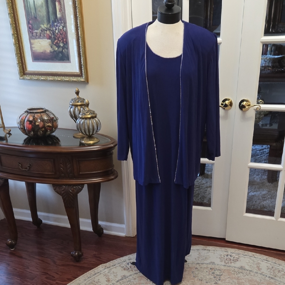 Alex Evenings 2 Piece Royal Blue Maxi Dress & Jacket Rhinestone Trim Sz 14W EUC